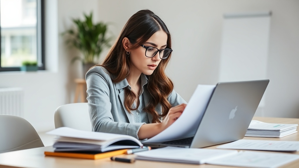 노트북과 다이어리를 펼쳐놓고 발표 자료를 꼼꼼히 검토하며 준비하는 모습