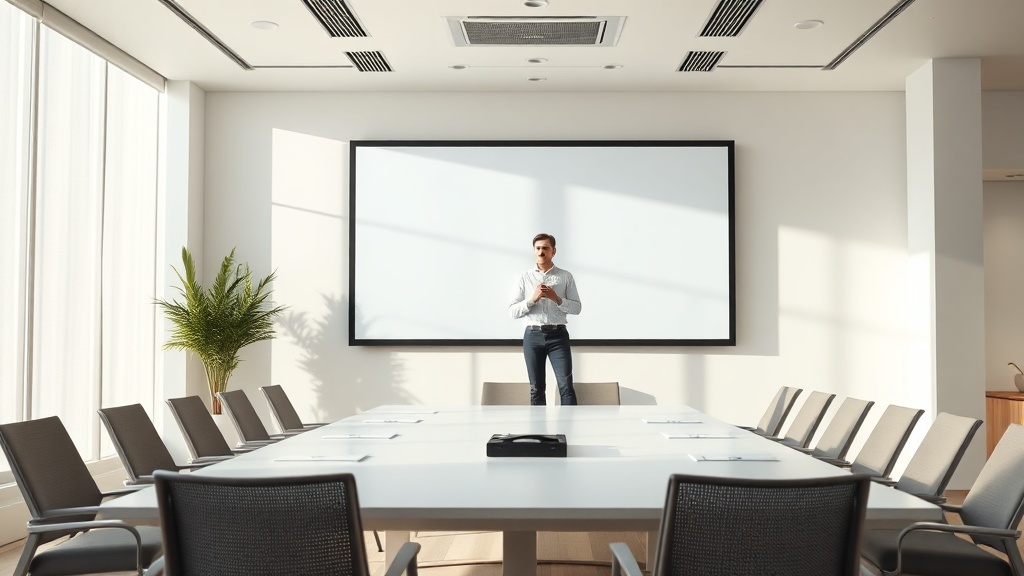 빈 회의실에서 스크린을 띄워놓고 실전처럼 서서 진지하게 발표 연습을 하는 모습